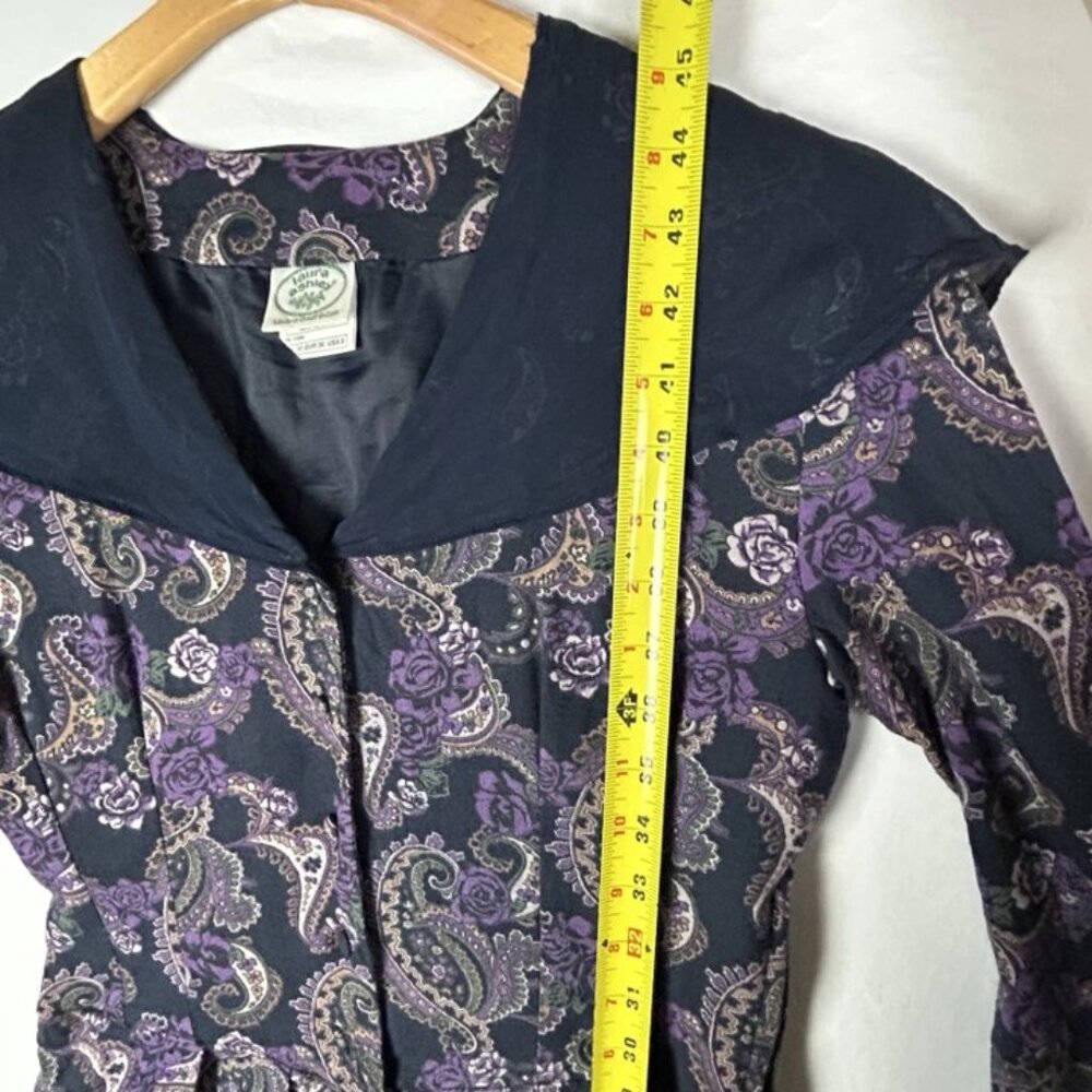 Vtg Laura Ashley Midi Blue Purple Paisley Basque Dress Modest Cottagecore US 8 - Picture 15 of 16